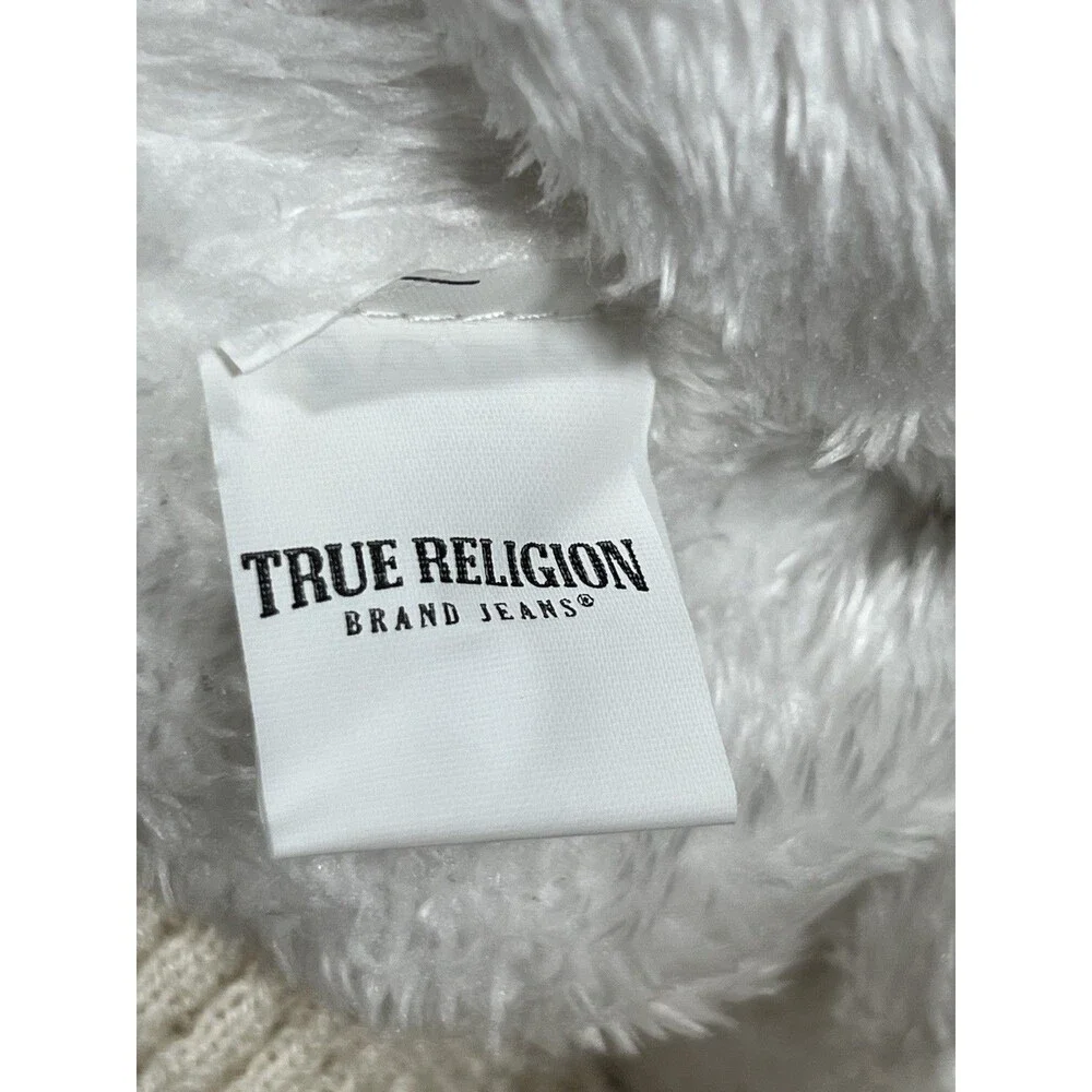 True Religion White Fuzzy Logo Waffle Knit Beanie Hat